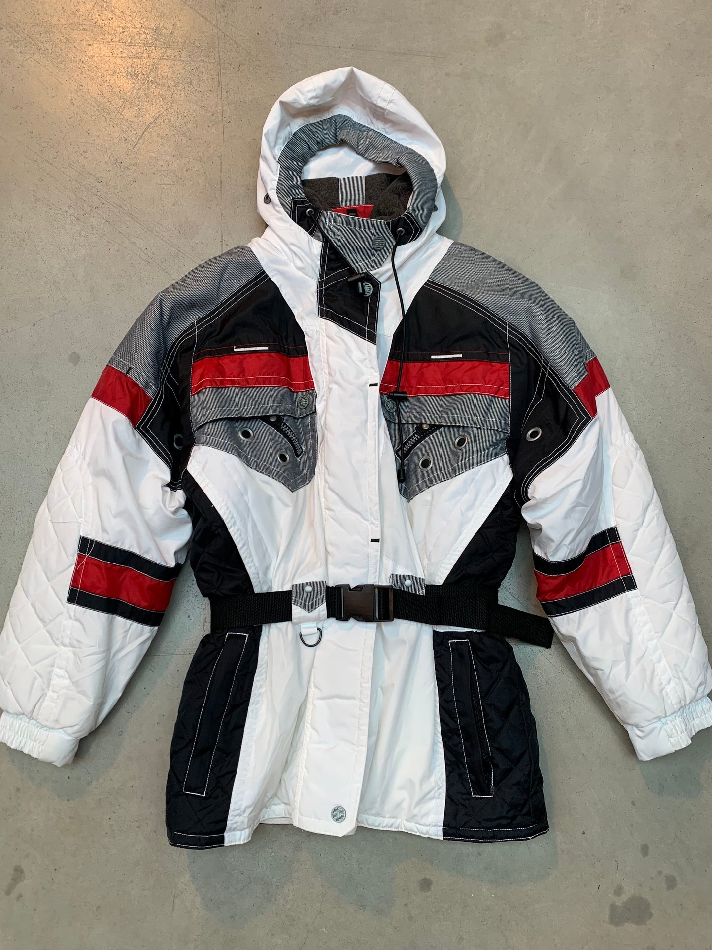 Vintage Unisex Colorblock Ski Jacket in White, Red & Black