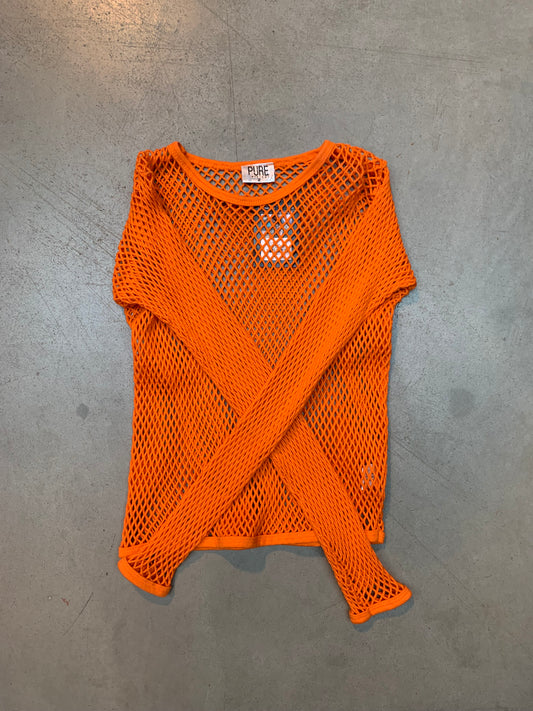 Vintage Y2K Women's Bright Orange Fishnet Mesh Top