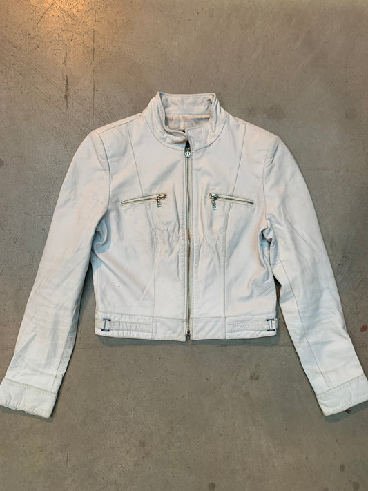 Women's Y2K White Leather Jacket with Zipper Front