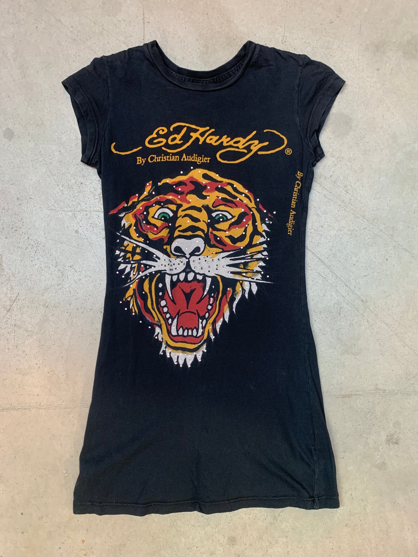 Y2K Women's Ed Hardy Black Tiger Print Rhinestone T-Shirt