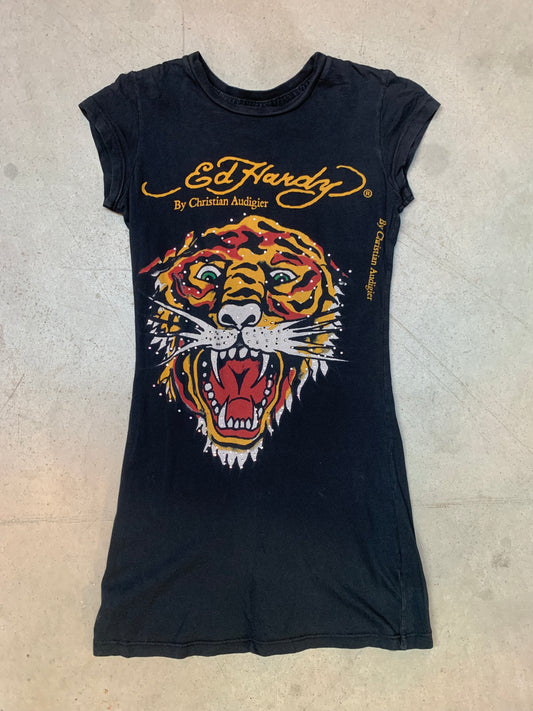 Y2K Women's Ed Hardy Black Tiger Print Rhinestone T-Shirt