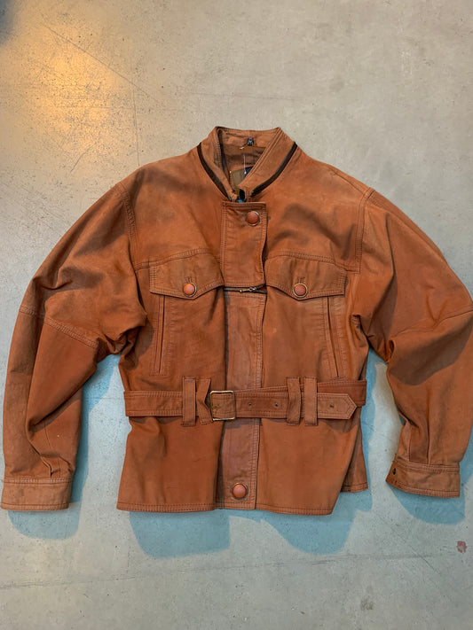 Women's Vintage Belted Brown Jacket with Stand Collar