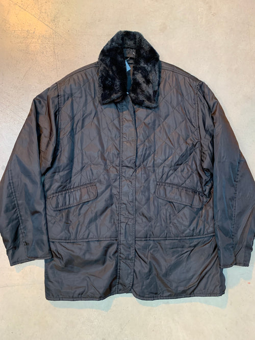 Women's Black Quilted Winter Coat with Faux Fur Collar