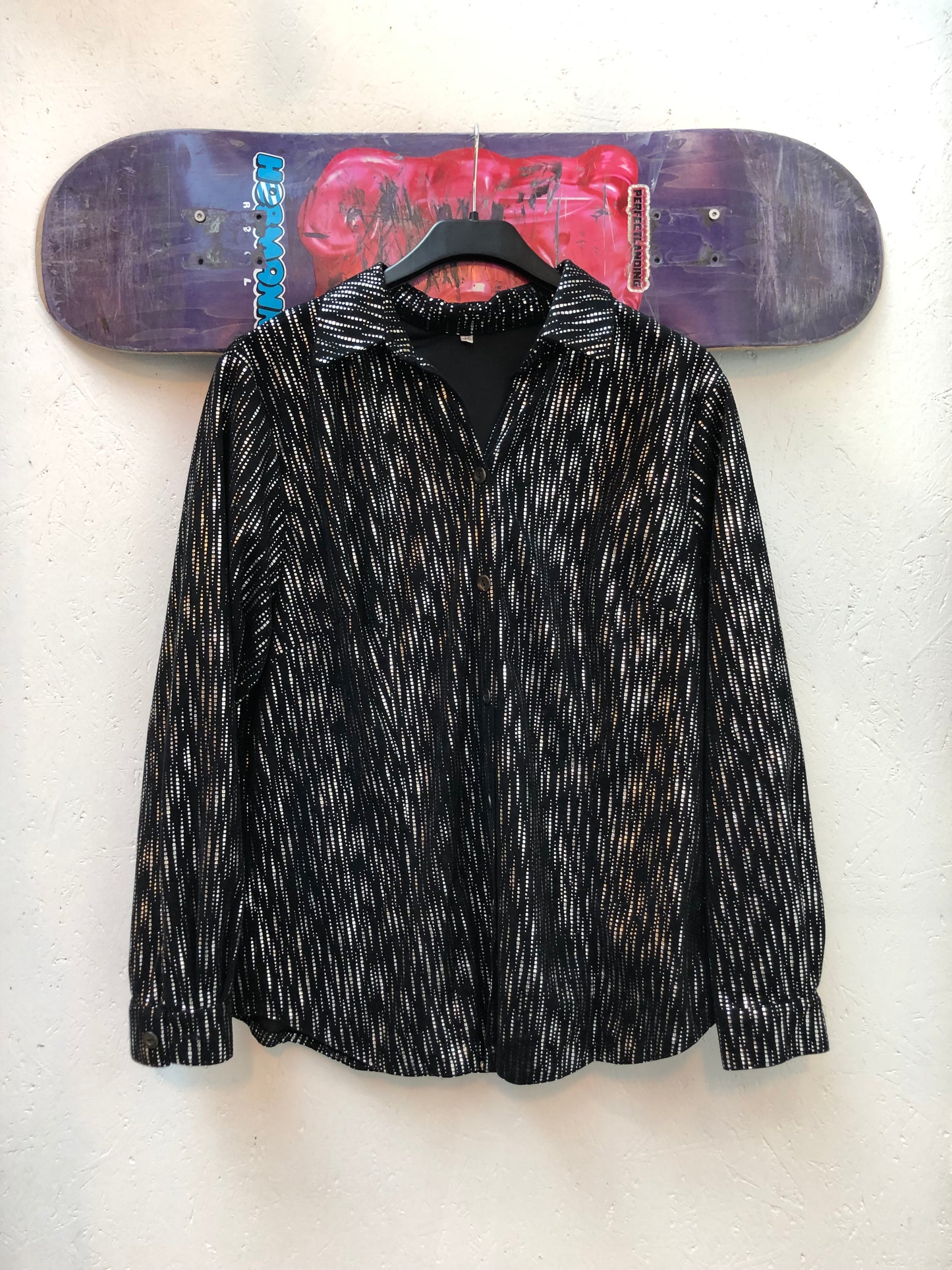 Black Glitter Button Up Shirt Women’s Size L