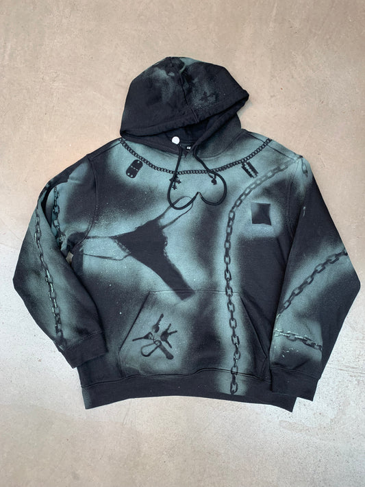 Hand Painted Women Large Black Green Hoodie