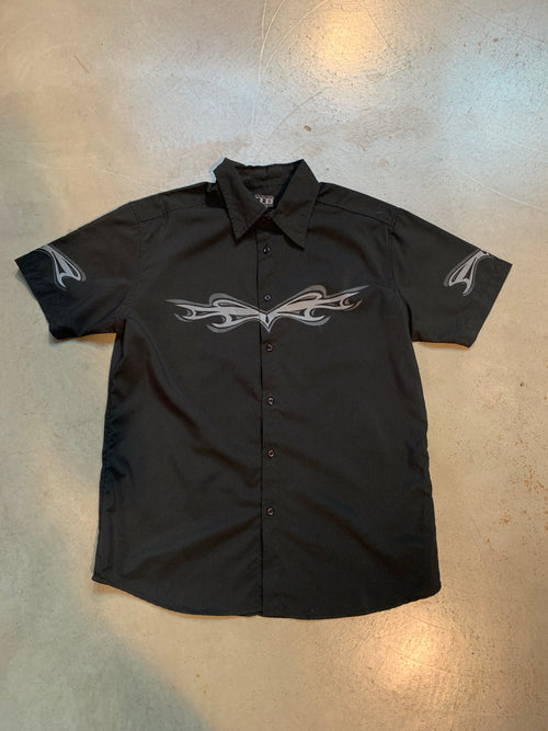 Y2K Men's Dark Grey Tribal Button-Up Shirt