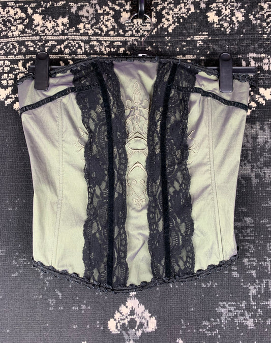 Women's Vintage Olive Green Corset With Black Lace Front Detail