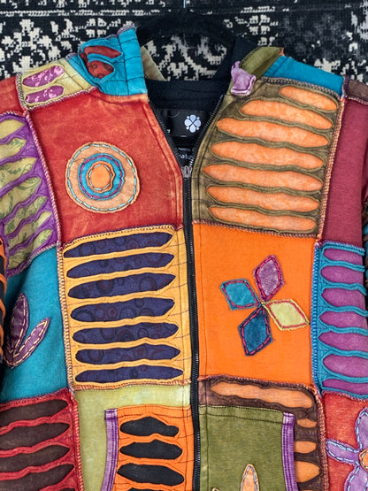 Womens Y2K Hippie Style Nepal Patchwork Zip Up Hoodie