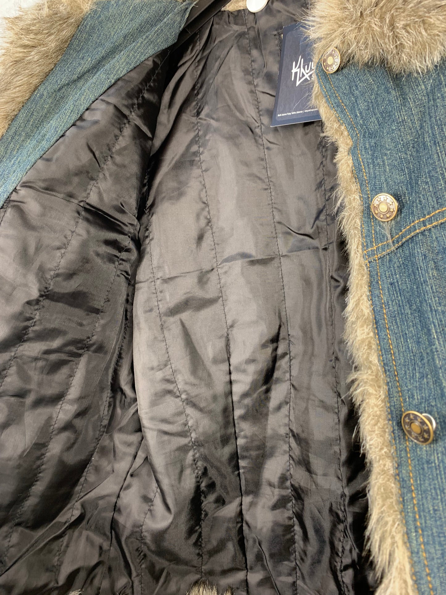 Women's Y2K Denim Jacket Grey Faux Fur Trim Blue Coat
