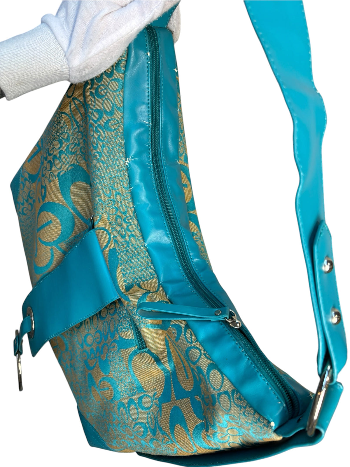 Y2K Teal Floral Jacquard Hobo Bag