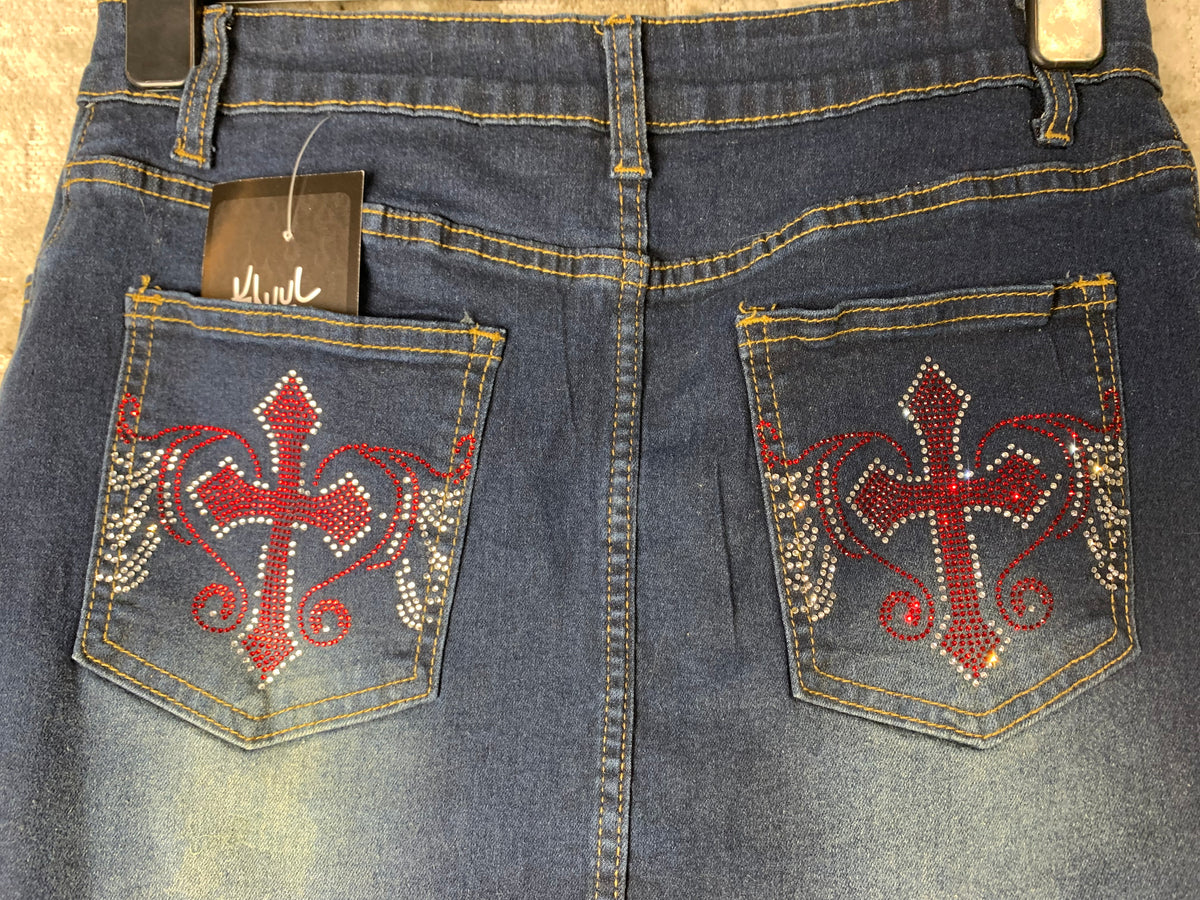 Y2K Rhinestone Cross Denim Mini Skirt