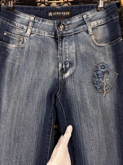 Womens Y2K Blue Denim Two Piece Set Embroidered Beaded Jacket