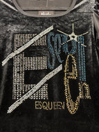 Women's Y2K Black Velvet Longsleeve Top with Beaded Front