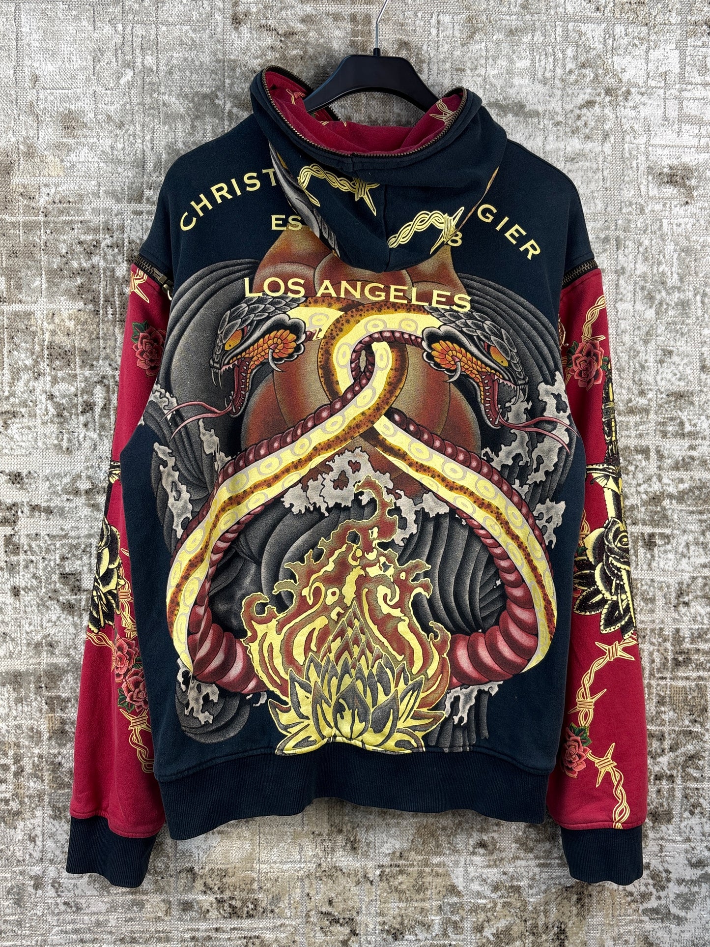 Men's Y2K Christian Audigier Black Red Zip Up Hoodie