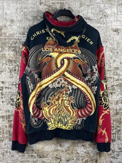 Men's Y2K Christian Audigier Black Red Zip Up Hoodie