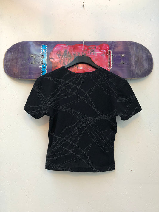 Black Fitted T-Shirt With Abstract Line Art Print