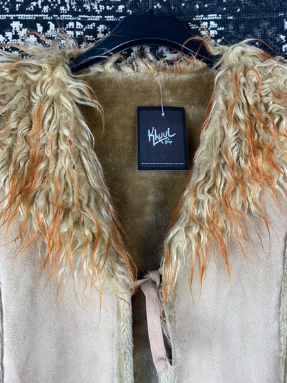 Womens Y2K Beige Suede Coat With Long Faux Fur Trim