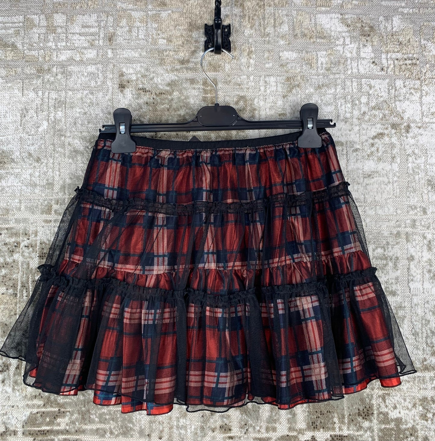 Women's Alternative Style Checkered Skirt with Black Mesh Detail