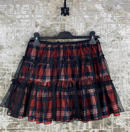 Women's Alternative Style Checkered Skirt with Black Mesh Detail