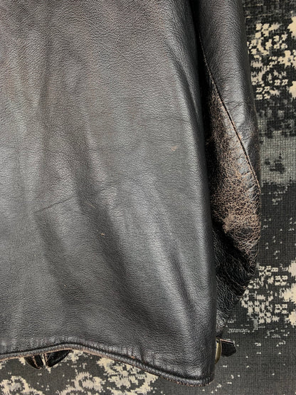 Vintage Black Leather Zip-Up Jacket with Stand Collar