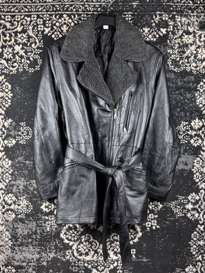 Women’s Vintage Black Genuine Leather Belted Jacket