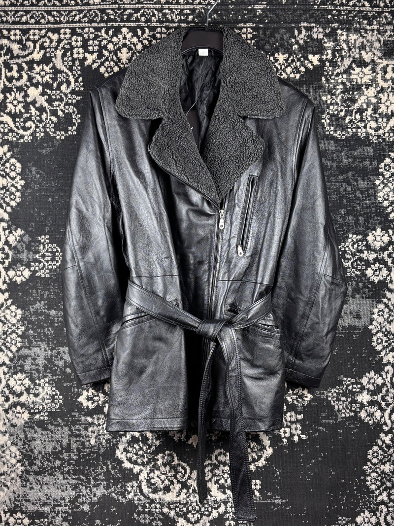 Women’s Vintage Black Genuine Leather Belted Jacket