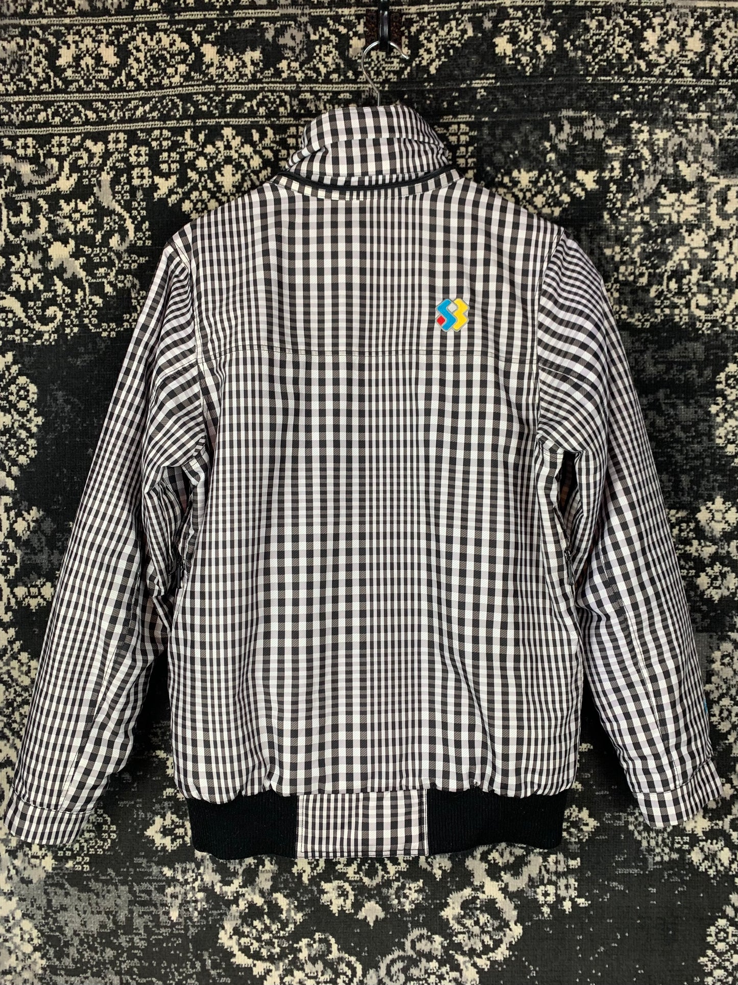 Mens Y2K Vintage Black and White Checkered Zip-Up Bomber Jacket