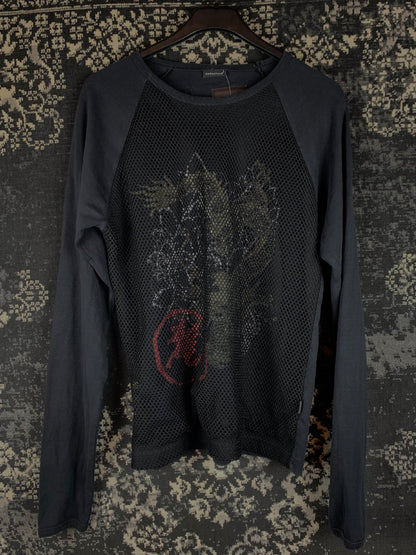 Mens Y2K Black Mesh Graphic Long Sleeve Top