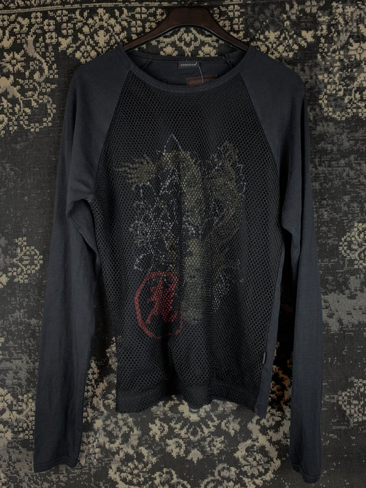 Mens Y2K Black Mesh Graphic Long Sleeve Top