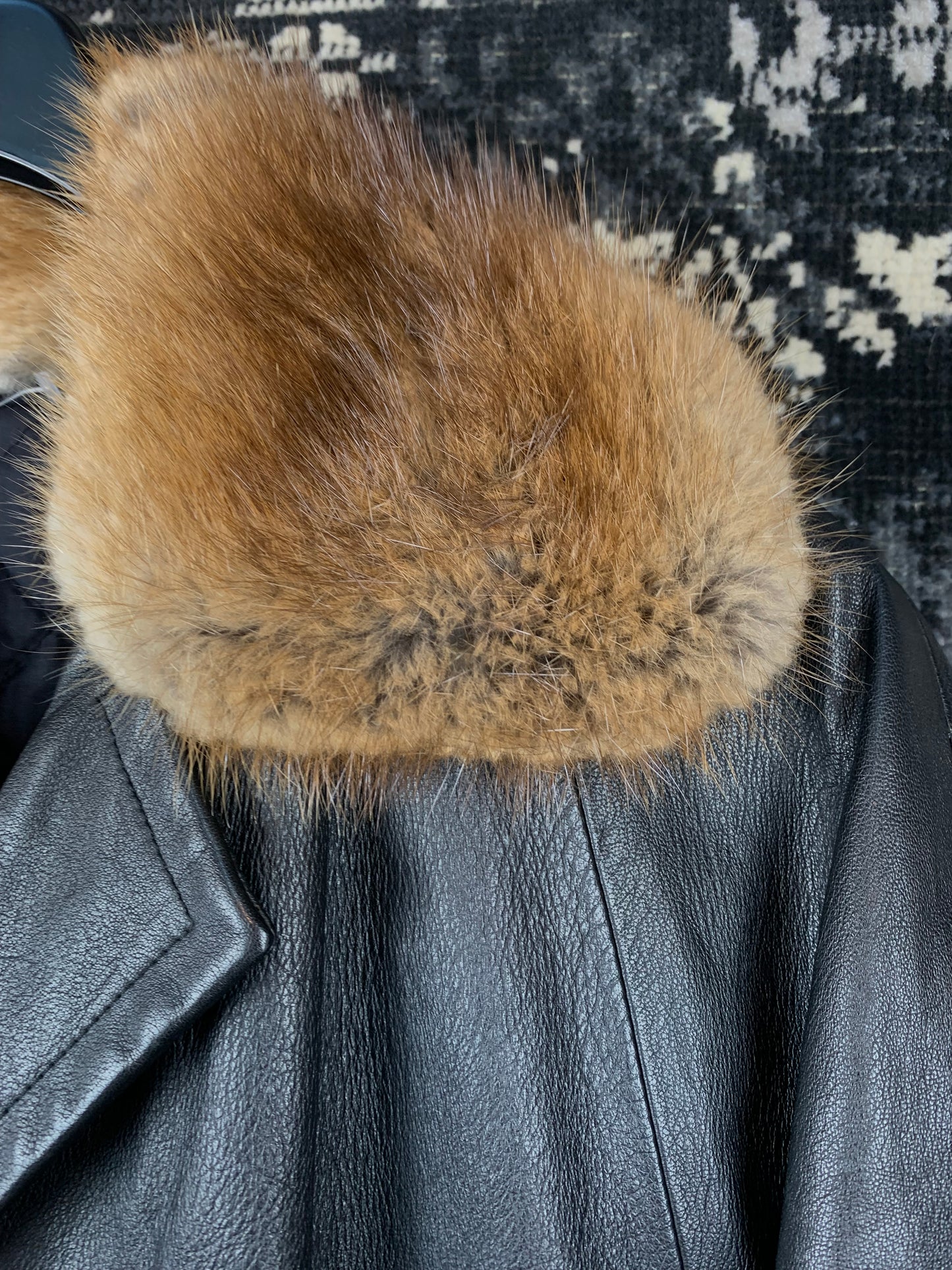 Men's Vintage Black Leather Coat with Brown Fur Collar