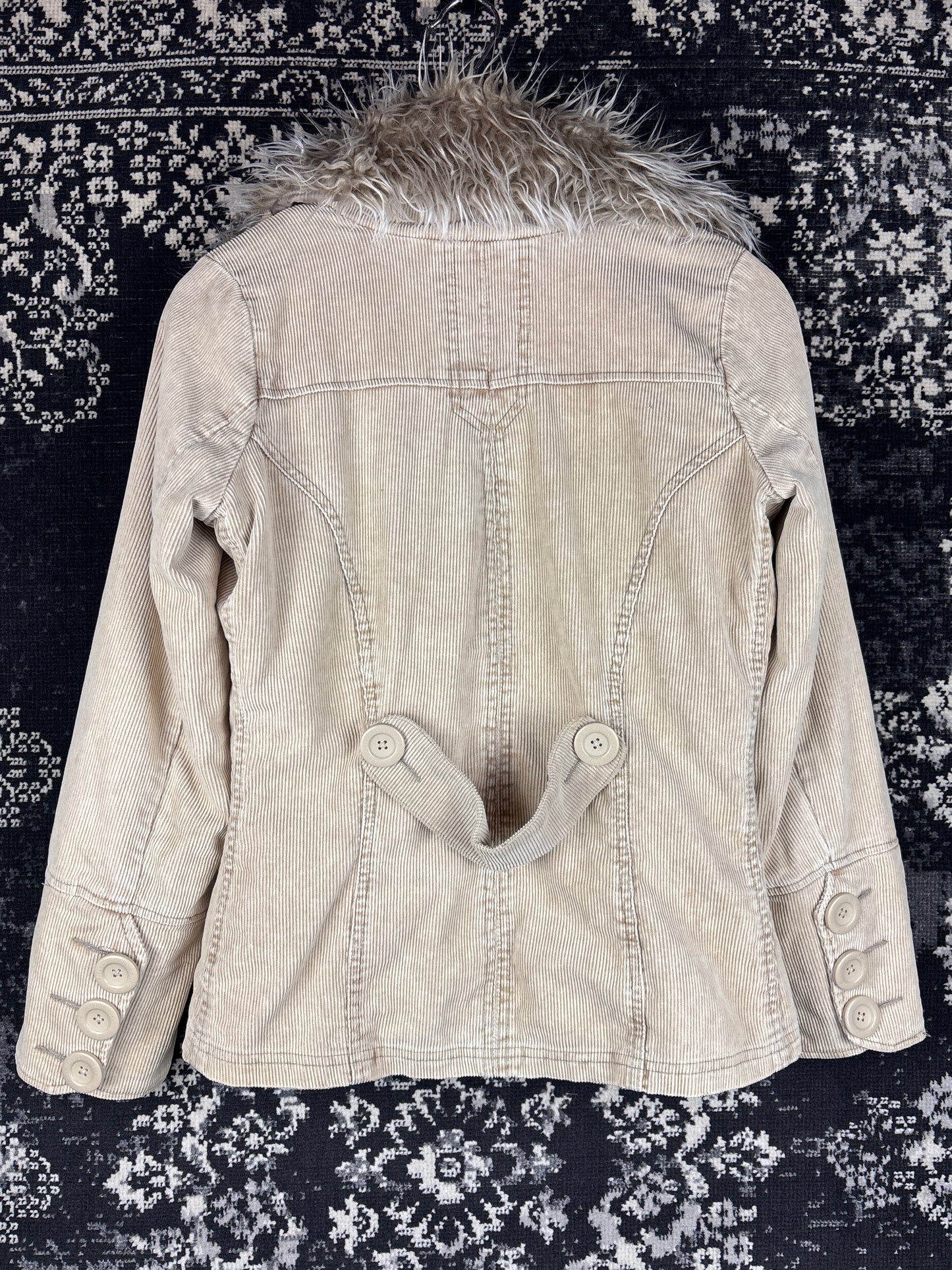 Women's Y2K Beige Corduroy Jacket with Faux Fur Trim
