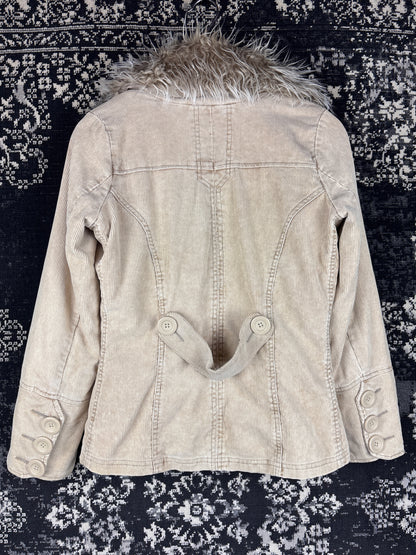 Women's Y2K Beige Corduroy Jacket with Faux Fur Trim