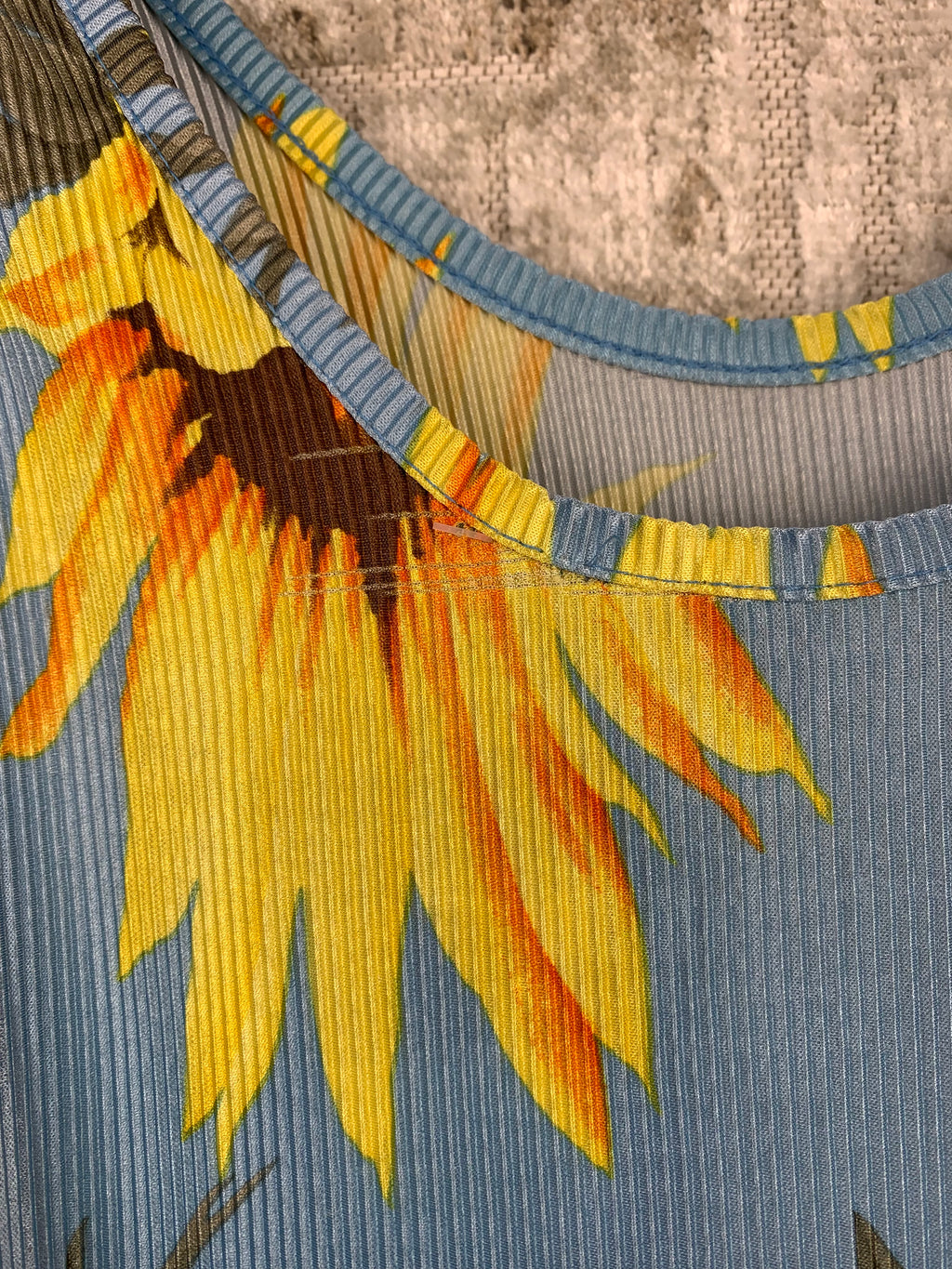 Womens Light Blue with Sunflower Ribbed Short Dress