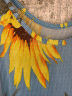 Womens Light Blue with Sunflower Ribbed Short Dress