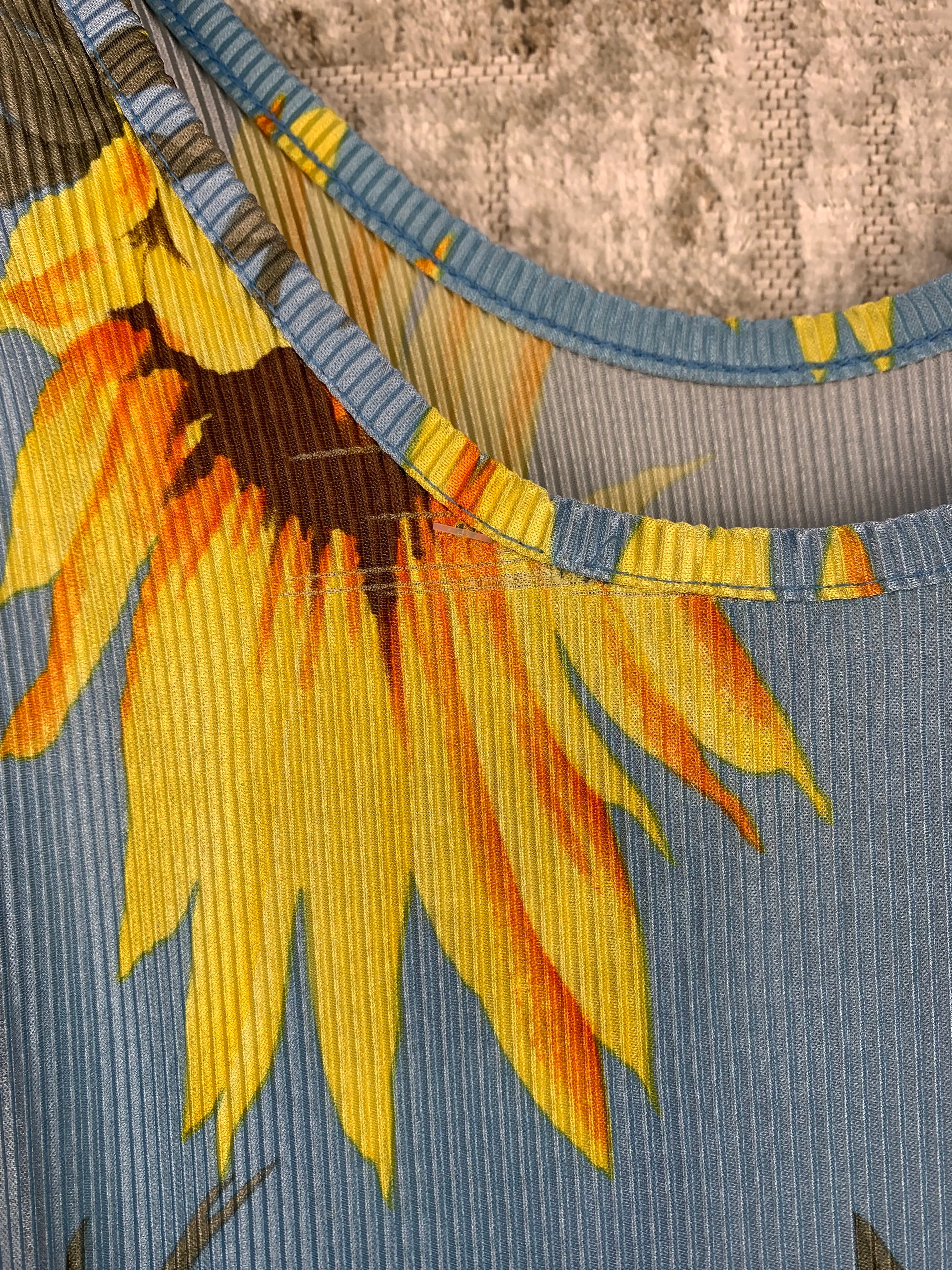 Womens Light Blue with Sunflower Ribbed Short Dress