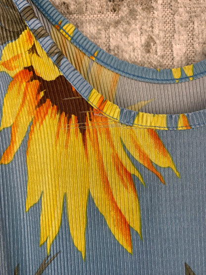Womens Light Blue with Sunflower Ribbed Short Dress