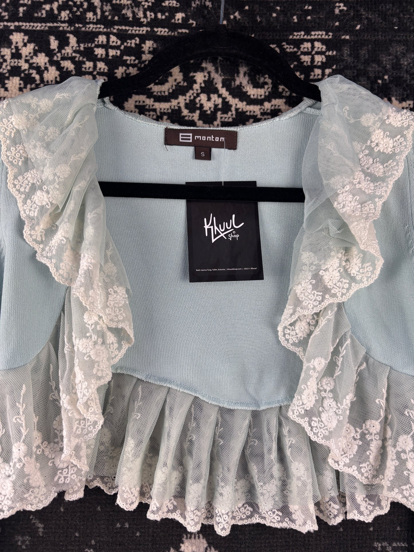Womens Vintage Y2K Monton Baby Blue Lace Trim Cropped