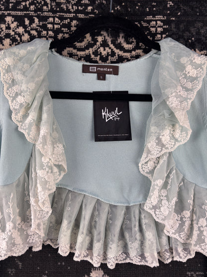 Womens Vintage Y2K Monton Baby Blue Lace Trim Cropped