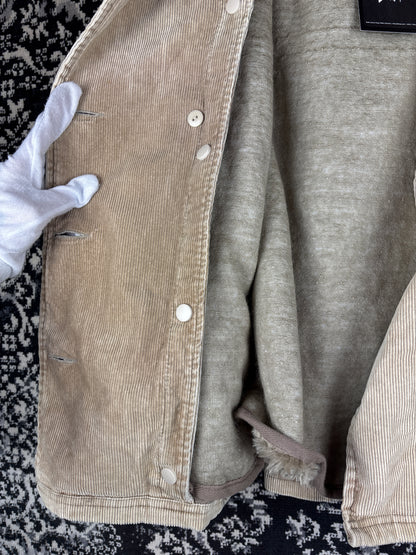 Women's Y2K Beige Corduroy Jacket with Faux Fur Trim