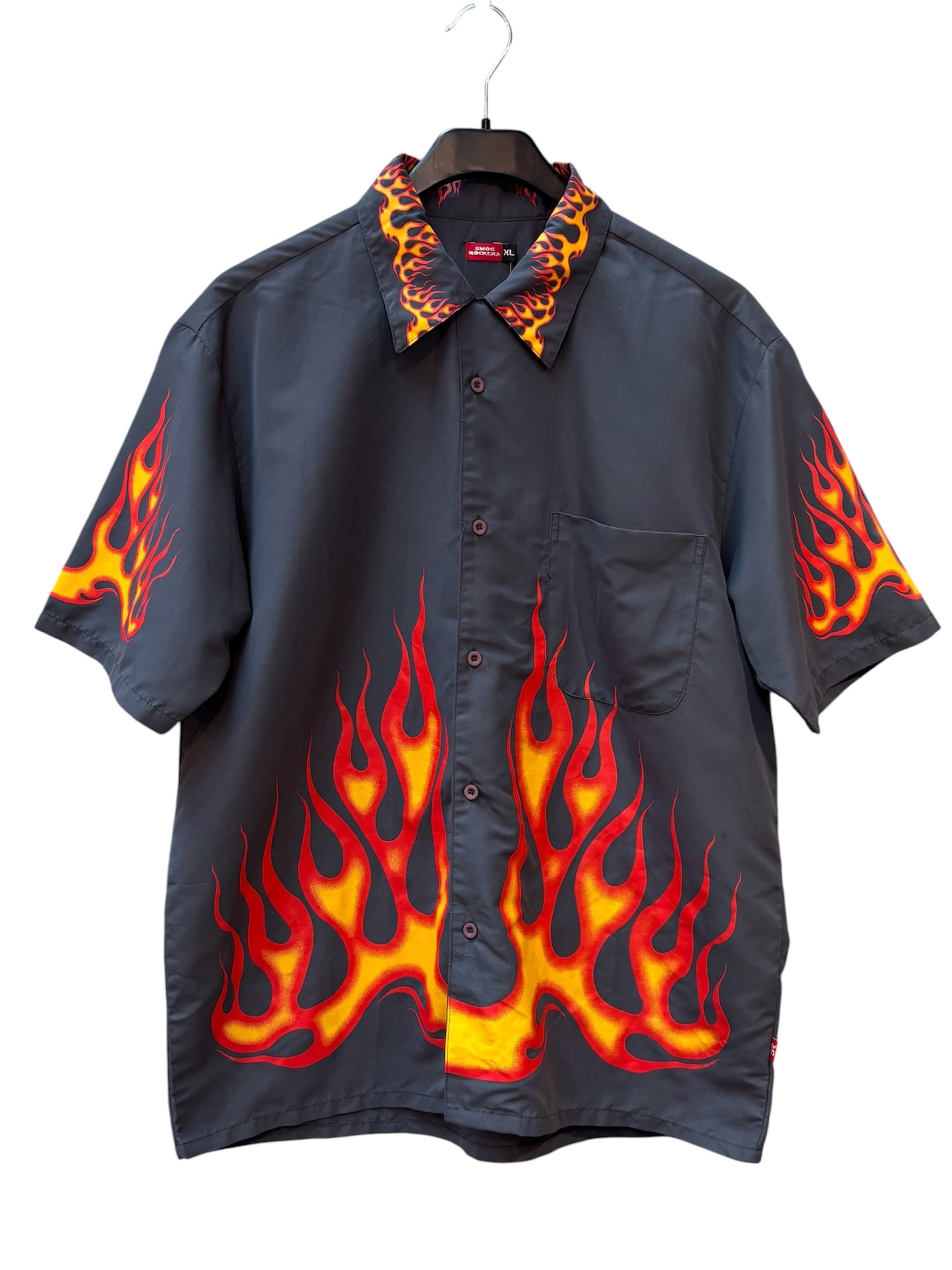 Mens Y2K Smog Rockers Flame Print Button Up Shirt