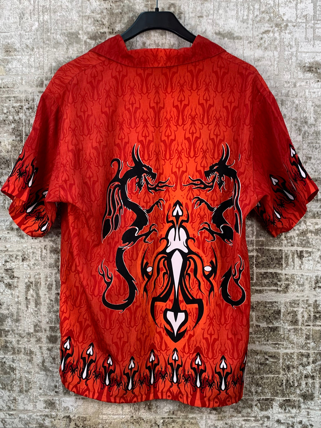 Mens Y2K Red Tribal Dragon Button Up Shirt