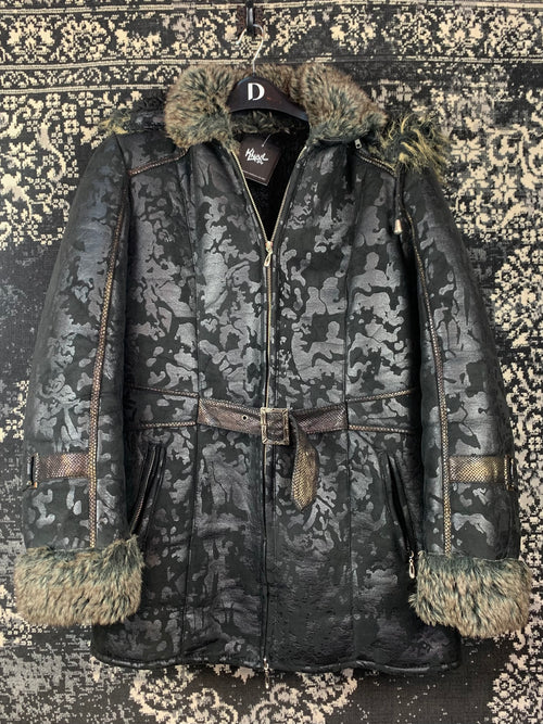 Women's Y2K Black Patterned Jacket with Faux Fur Trim