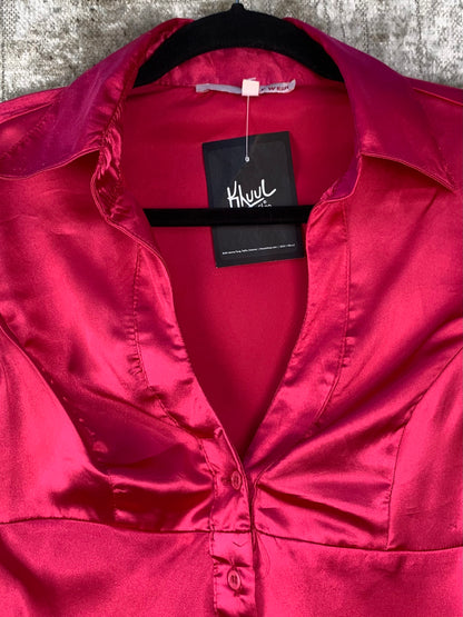 Womens Vintage Y2K Hot Pink Satin Blouse