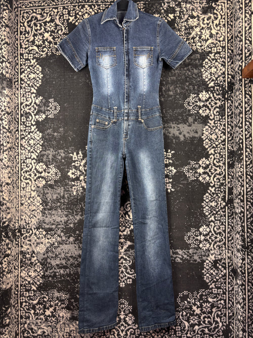 Womens Y2K Dark Wash Denim Jumpsuit