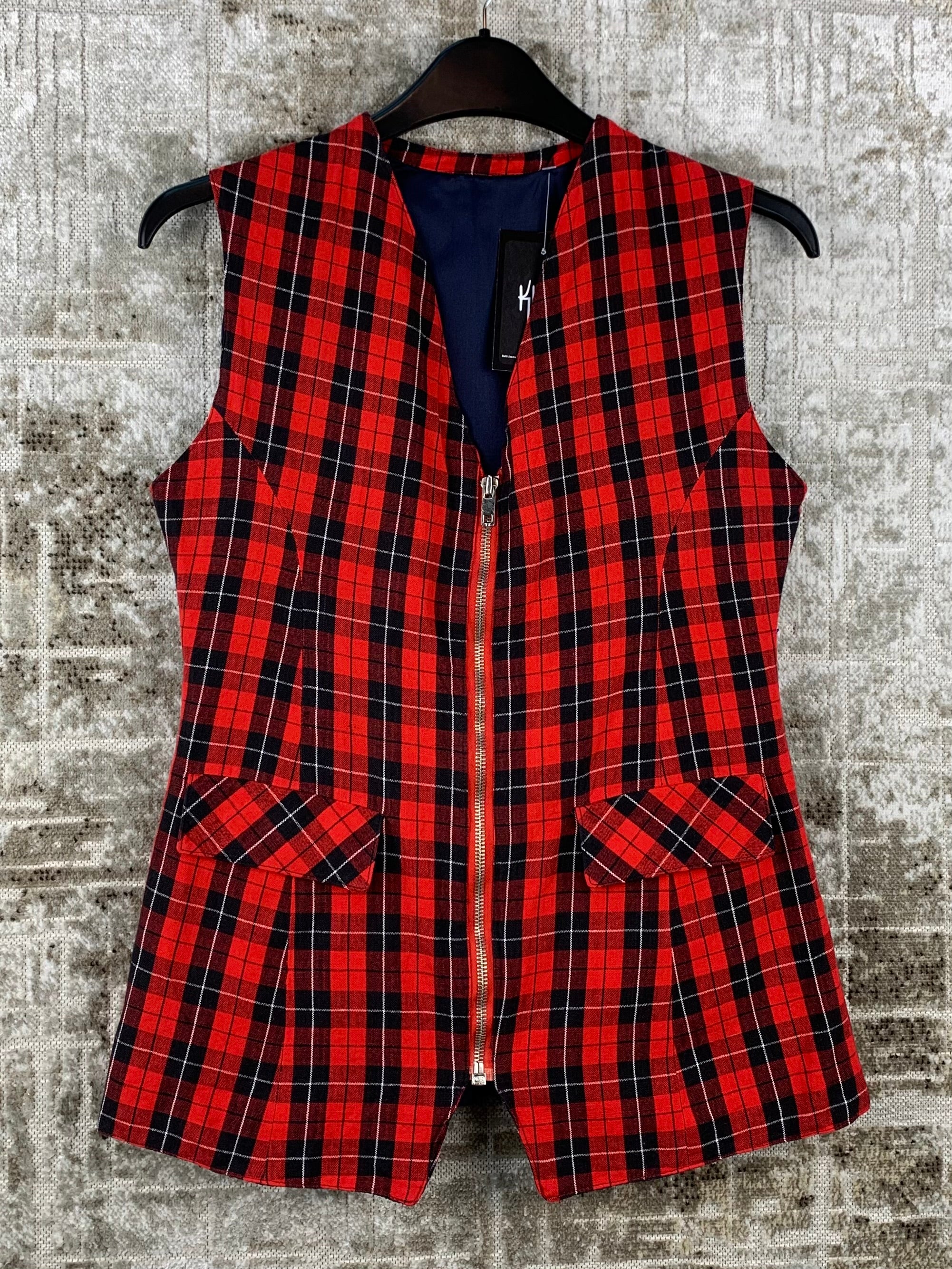 Womens Vintage Red Black Checkered Vest