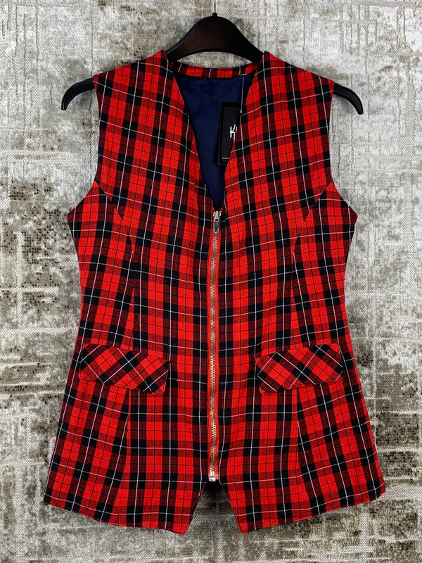 Womens Vintage Red Black Checkered Vest