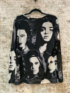 XLNT Y2K Faces Print Mesh Long Sleeve Top