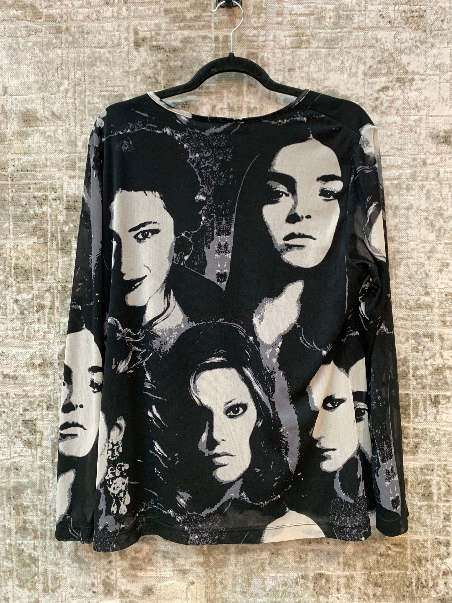 XLNT Y2K Faces Print Mesh Long Sleeve Top