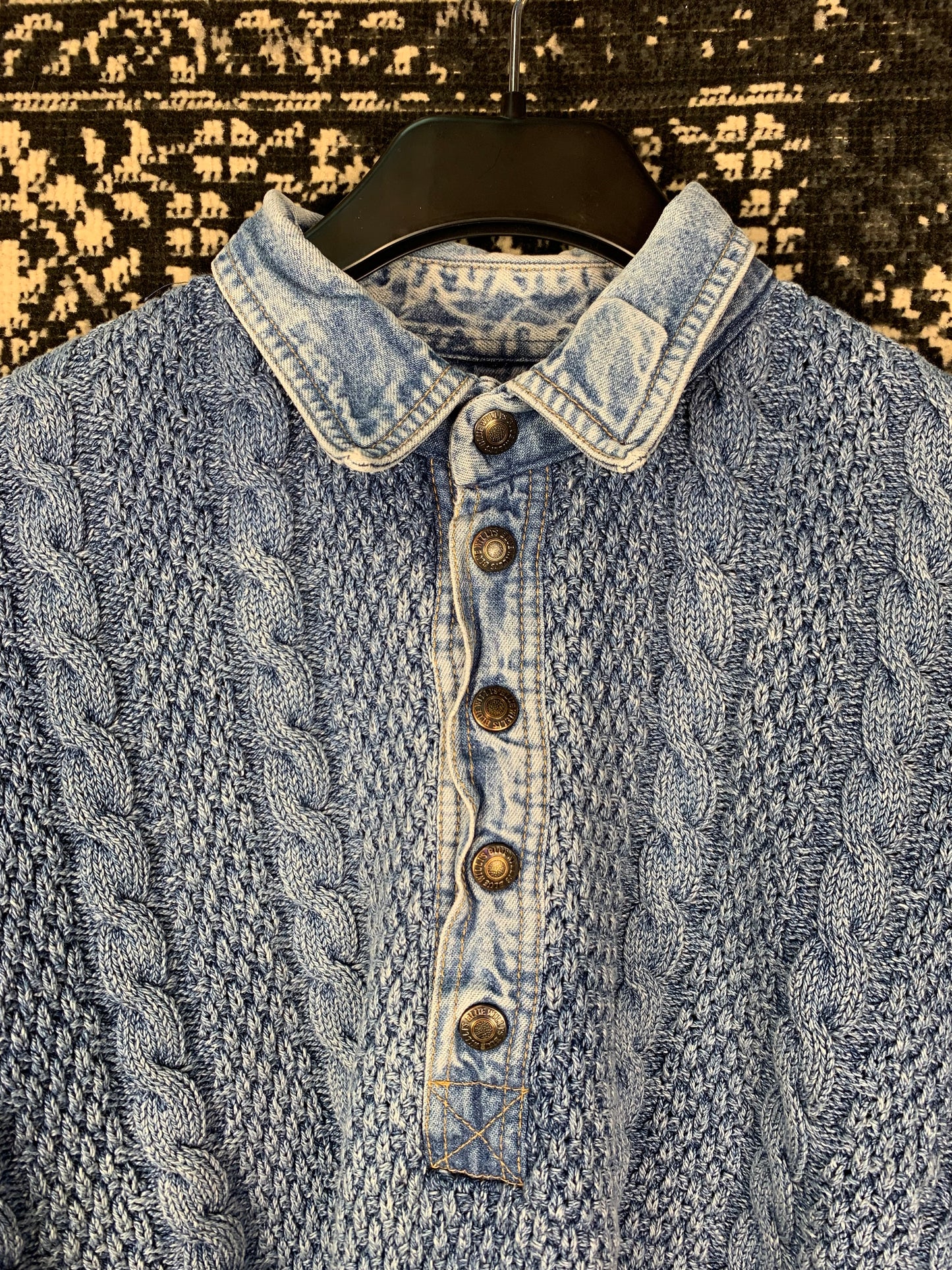 Men’s Vintage Blue Chunky Knit Sweater with Denim Collar