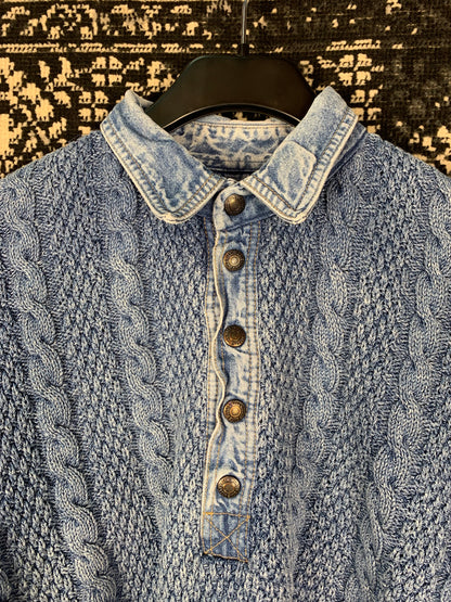 Men’s Vintage Blue Chunky Knit Sweater with Denim Collar